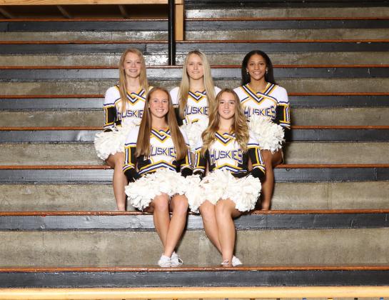 Shelby-Rising City's Cheer and Dance Team is comprised of Back Row (left) Ellie Frederick (11), Jenna Potter (12), Zoey Walker (12) Bottom Row (left) Kaylei Perry (11), Katelyn Nekl (10). Shelby-Rising City Schools photo