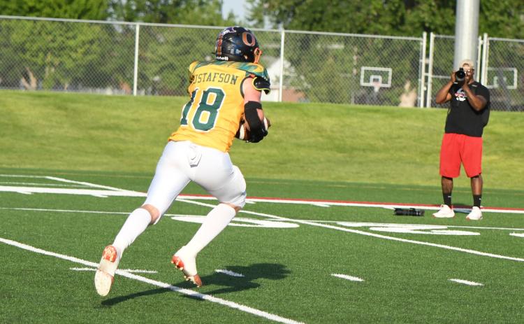 Kale Gustafson runs it in for a touchdown for the East team at the Sertoma 8-man all star game. PCN photo by Rick Holtz